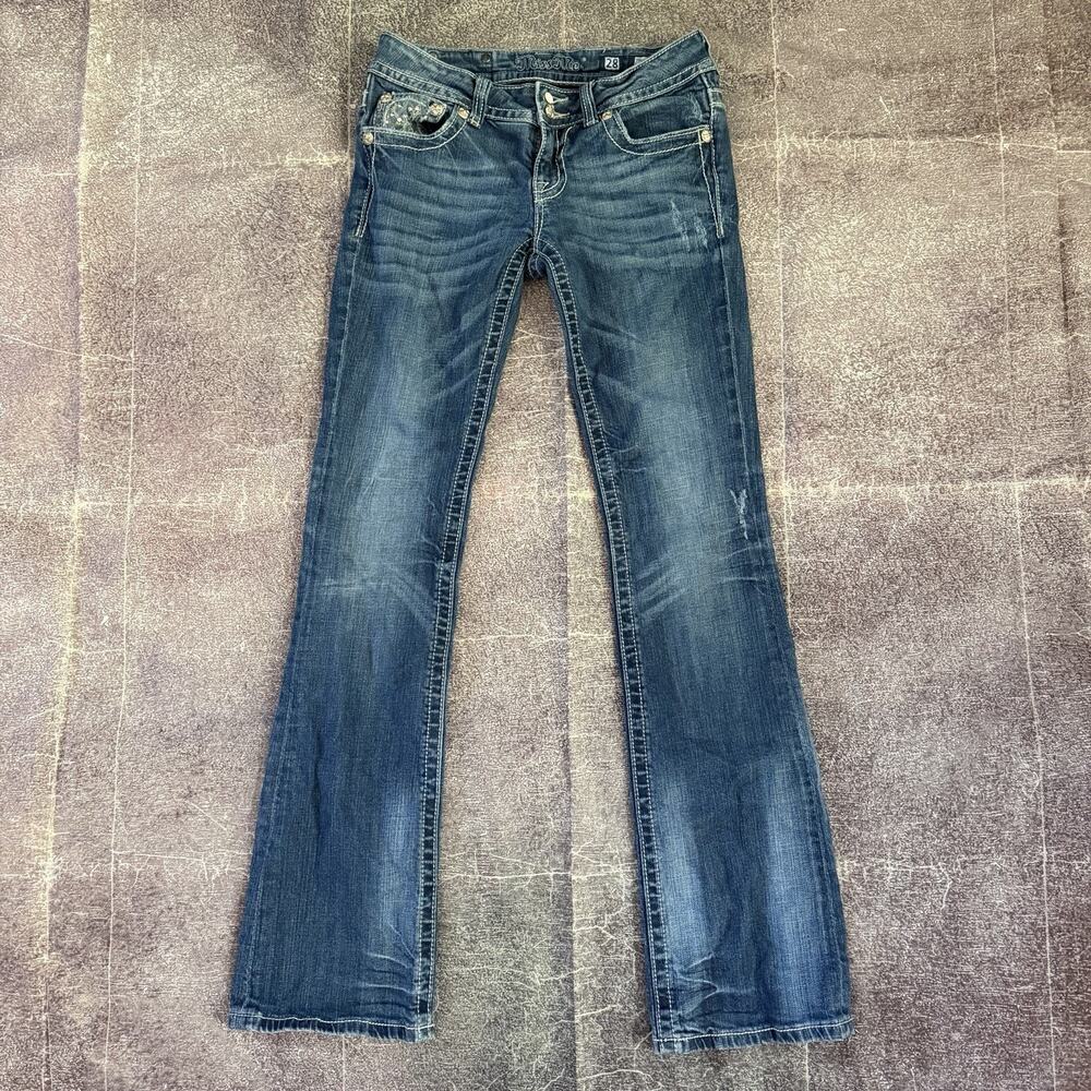 Women's Vintage Y2K Miss Me Bootcut Rhinestone Lace Denim Blue Jeans Sz 28 X 34